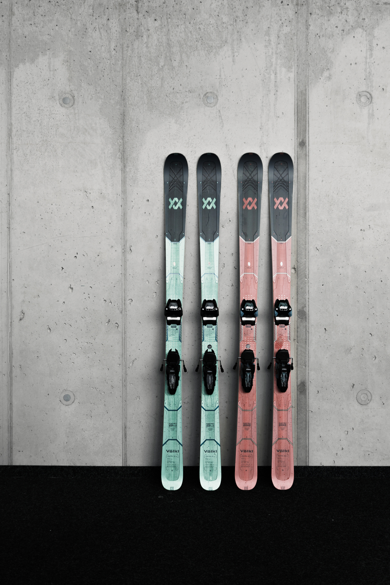 All-mountain skis displayed inside the ski shop